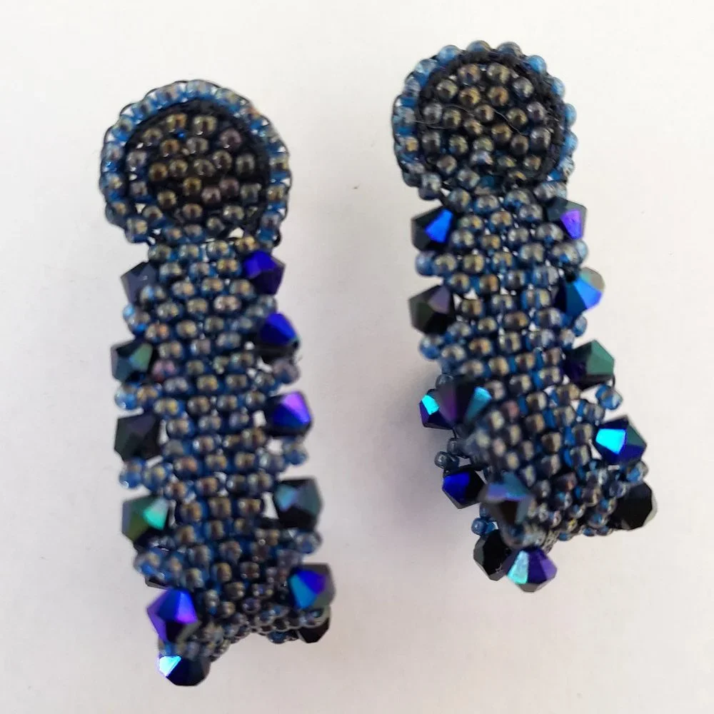 Unique Midnight Blue Black Glass Bead Bendable Wide Earrings Pierced Handmade